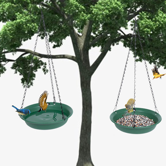 VUWEZ Hanging Bird Feeder & Bath for Outdoors, Wild Bird Feeders Tray, Hanging Birdfeeder Birdbath for Outside, Cardinal, Blue Jay, Crow, Birdfeeders Trays (10", 1 Pcs with Hole & 1 Pcs No Hole)