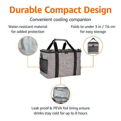 Amazon Basics Soft Insulated Leak-Proof Cooler Bag, Reusable, Portable, Keeps Cold, 50 Can Capacity, Gray