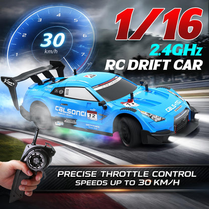 LFOLUSU Remote Control Car RC Drift Car 1:16 Scale 4WD RC Vehicle with LED Lights 2.4GHz 30km/h RTR High Speed Racing Sport Toy for Adults Boys Girls Kids Gift 2Pcs Rechargeable Battery