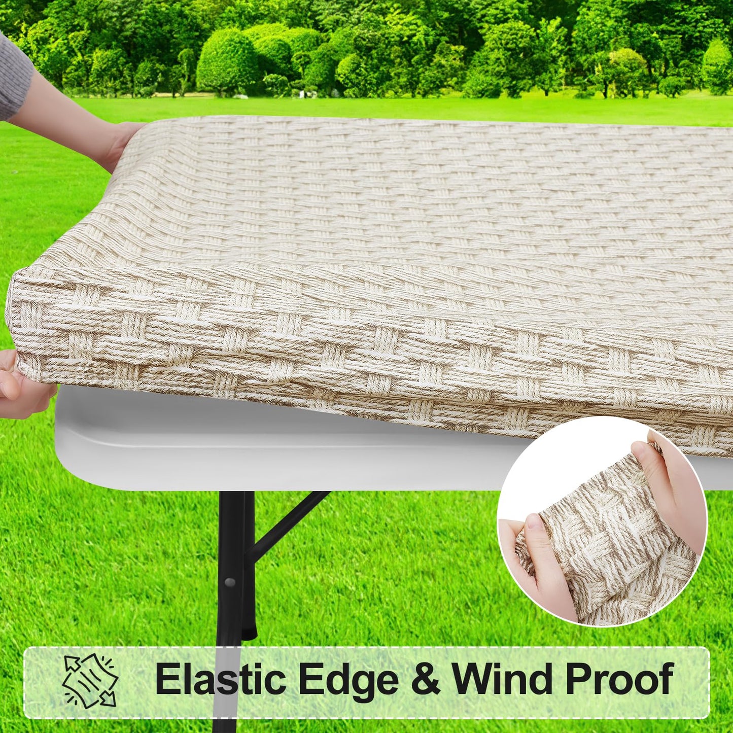 misaya Rectangle Vinyl Tablecloth, Fitted Table Cover, 100% Waterproof, Elastic Edge, Flannel Backing, Table Cloth Fit 6 Foot Folding Tables for Picnic, Camping, Outdoor (Weave, 30x72 inch)