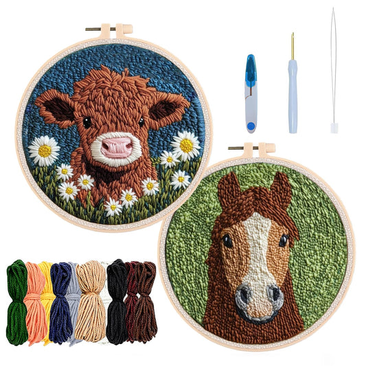 YWAOAIJD Punch Needle Embroidery Kit,2Pcs Embroidery kit for Beginners,Include Punch Needle Tools,Embroidery Hoops,2Pre-Printed Fabric & Color Threads,DIY Craft for Home Decor & Gifts (Cow)