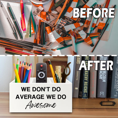 XPH Inspirational Pen Pencil Holder Organizer for Desk, Inspirational Gifts for Women, We Don't Do Average We Do Awesome Motivational Wooden Box Sign for Home Office Desk Tabletop Decorations