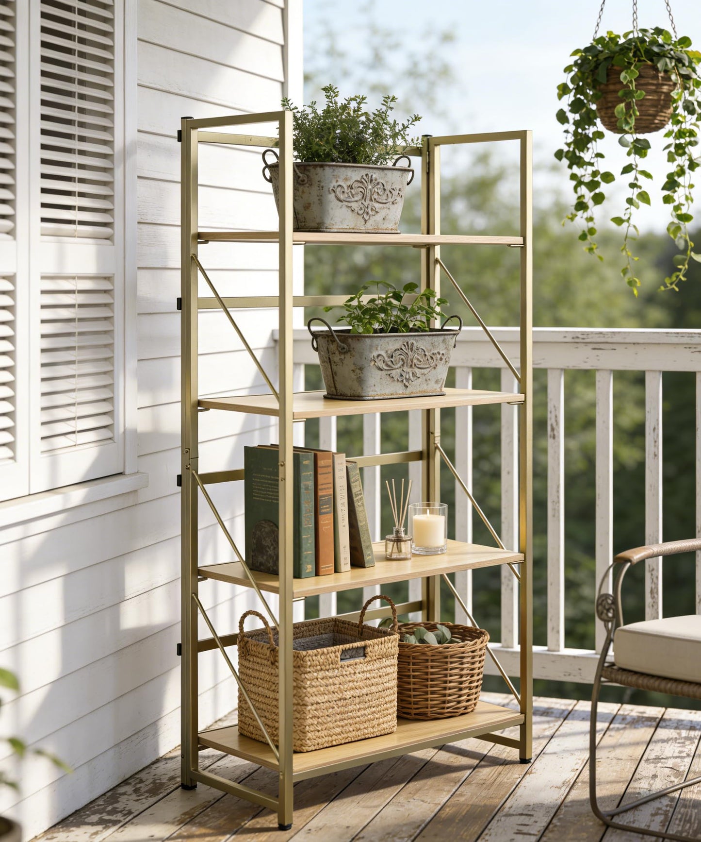 BIASUNS Folding Bookshelf,Multifunctional Foldable Plant Stand Storage Rack Shelves for Home Office, Easy Assembly, 4-Tier,Gold & Nature Wood