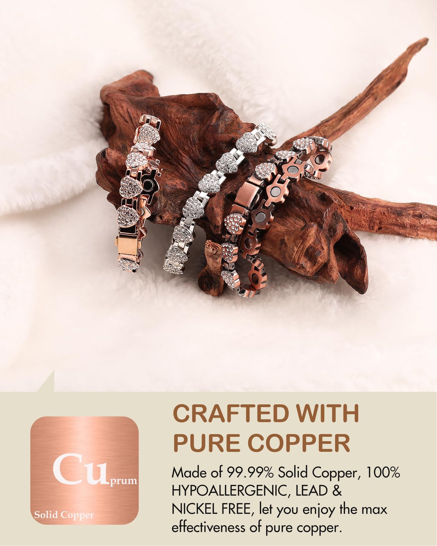 Feraco Copper Bracelets for Women, Ultra Strength Magnetic Bracelet with 3800 Gauss Neodymium Magnets & Dazzling Cubic Zirconia, Pure Copper Jewelry Gift, Heart Shape