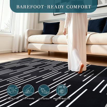 YIHOUSE Abstract Washable Rug 5x7,Ultra Thin Non Slip Black Rugs for Living Room,Modern Minimalist White Stripe Rugs for Bedroom,Dining Room Office Playroom (5'x7',Black-3)