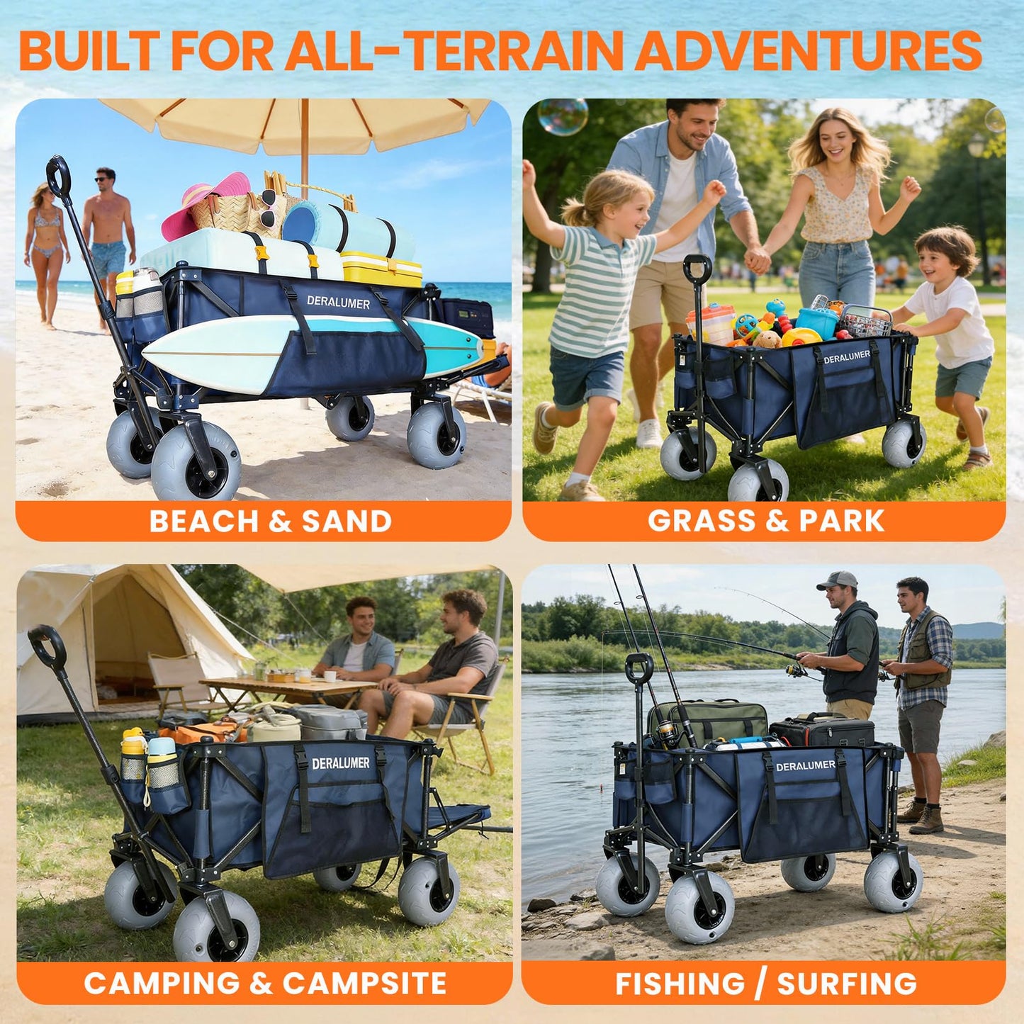 Deralumer X900 Beach Wagon with 9×4" Big Balloon Wheels for Sand, 48" Heavy Duty Folding Wagon with Expandable Tailgate & Side Bag, Collapsible Utility Cart for Beach, Camping, Fishing (Navy Blue)