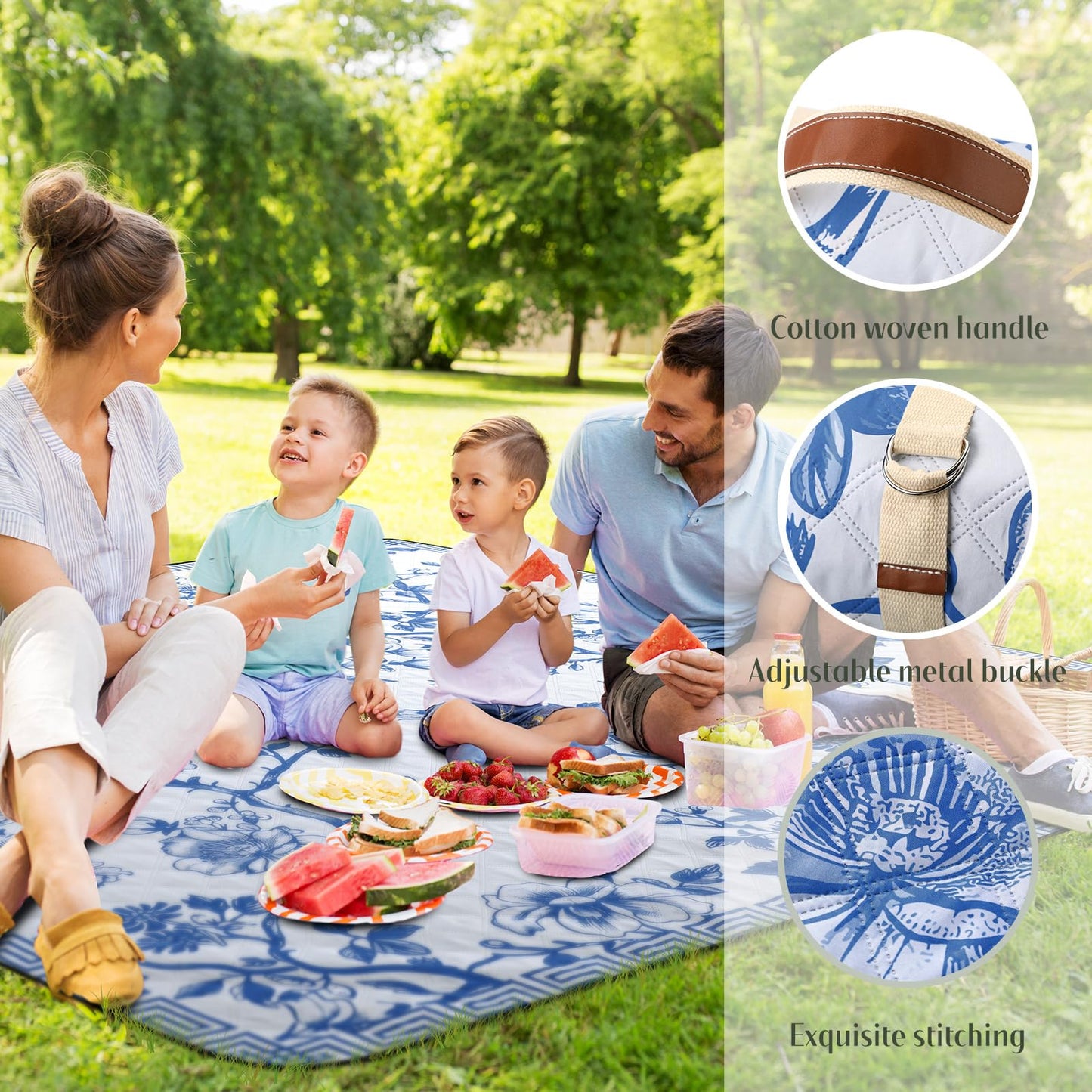 Newwiee 80 x 80 Inch Blue and White Floral Picnic Blanket Extra Large Outdoor Chinoiserie Picnic Mat with Carry Strap Waterproof Sandproof Blanket Foldable Portable for Beach Camping Grass Lawn Park