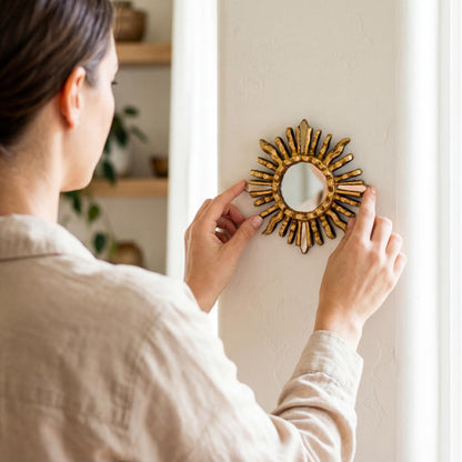 DecorContreras Handmade Small Round Wall Mirror with Bronze Leaf Finish - 6in Sun-Inspired Wood Mirror for Home Decor (Gold)