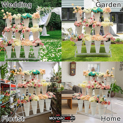 Moforchory flower bar stand, flower display stand with 12 buckets, 3 Layers Flower Cart White Metal Flower Bar Stand with Wheels, Moving Florist Bouquet Shelf for Indoor Outdoor Patio Garden Weddings Florist Living Room