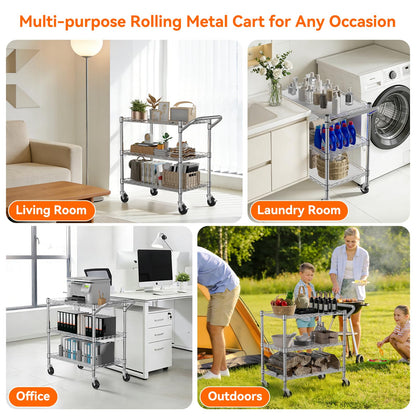 NTE 3 Tier Heavy Duty Rolling Utility Cart on Wheels, 990Lbs Capacity Rolling Wire Cart, Kitchen Carts on Wheels, NSF Commercial Metal Serving Cart with Handle and Shelf Liners for Kitchen, Restaurant