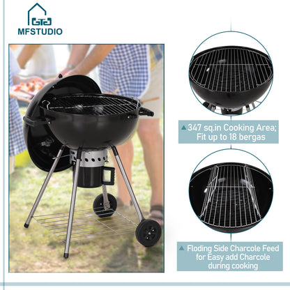 MFSTUDIO 22" Kettle Charcoal Grill, Portable Porcelain-Enameled BBQ Grill with Slide Out Ash Catcher for Outdoor Barbecue Cooking, Black