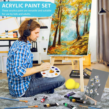 Colorful Acrylic Painting Kit - Paint Supplies Set with 24 Colors, 30 Brushes, 5 Canvases, 1 Pad, 2 Palette, 2 Sponge & 1 Wood Easel - Art Acrylic Paint Set for Beginners, Kids, Adults