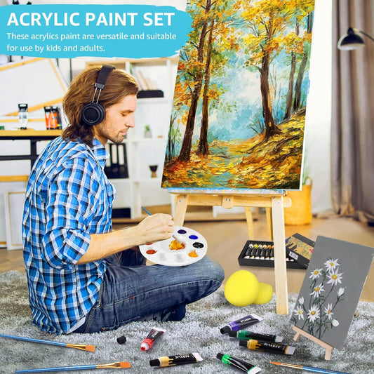 Colorful Acrylic Painting Kit - Paint Supplies Set with 24 Colors, 30 Brushes, 5 Canvases, 1 Pad, 2 Palette, 2 Sponge & 1 Wood Easel - Art Acrylic Paint Set for Beginners, Kids, Adults