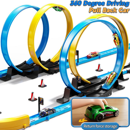 LILYBUDS Toy Car Track Gift Set for Boys Kids Age 3-5 4-7 8-12, Long Race Tracks with 4 Action Loops and 4 High-Speed Slot Die-Cast Race Cars, 35+ Pieces Race Tracks to Create Multiple Configurations