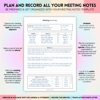 Meeting Minutes Note Taking Professional Notebook | Plan, Record and Track Actions from all your Important Meetings - A5 Pastel Rainbow