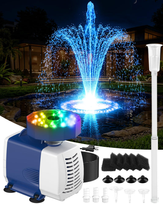 3-in-1 Submersible Pump RGB Pond Filter Kits, 2026 Upgraded Pond Filter Fountain with 7 Colorful Lights, Pond Fountain Pump with 3 Spray Modes, 660GPH Submersible Water Pump for Pond, Fish Tank-Dark