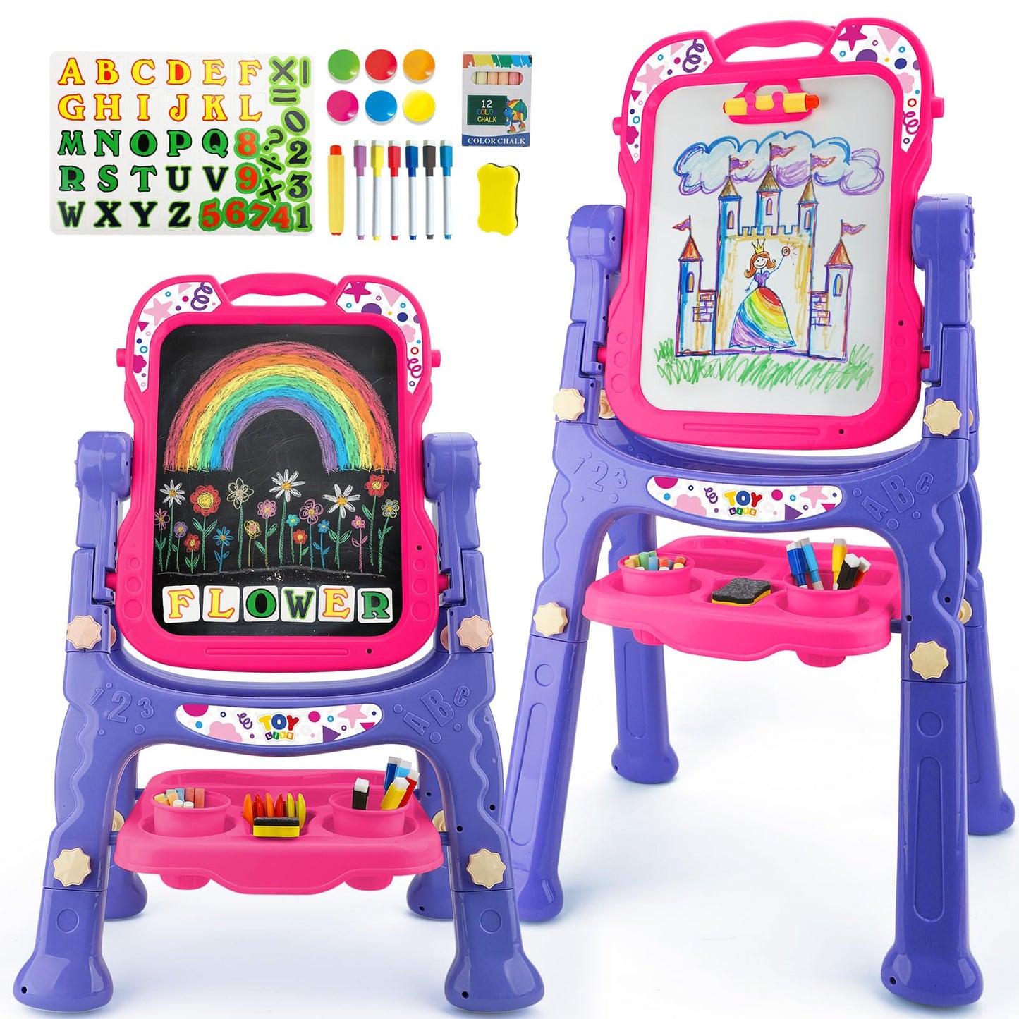 STEAM Life Art Easel for Kids, Double-Sided 4In1 Toddler Easel with Rotable Magnetic Chalkboard & White Drawing Board, Height Adjustable with Magnetic Letters & Numbers Gifts for Boys and Girls