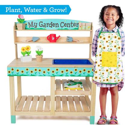 Bloom & Grow Gardening Center Wooden Toy Indoor Playset- 22 Pc Garden Stand Set w Flowers, Seed Packet, Pots Shovel Rake Apron Watering Pot- Interactive Fun Pretend Playtime Activity, Kids Summer Gift