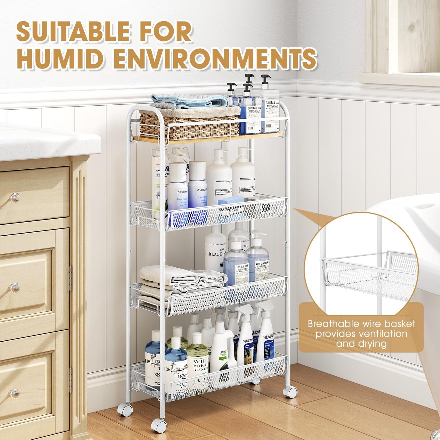TOOLF 4-Tier Slim Rolling Cart, Metal Utility Cart, Slide Out Storage Cart with Wooden Tabletop and Mesh Baskets for Narrow Space on Kitchen Bathroom Laundry Room Bedroom Apartments Dormitory