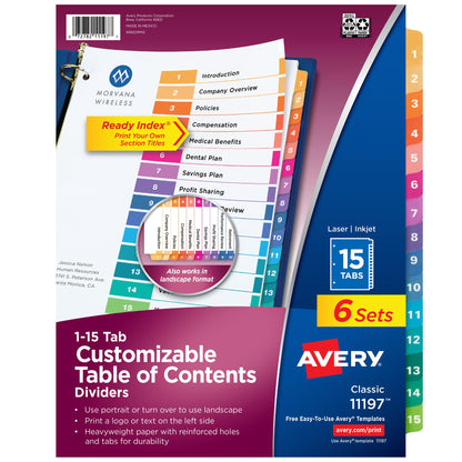Avery 15 Tab Dividers for 3 Ring Binders, Customizable Table of Contents, Multicolor Tabs, 6 Sets (11197)