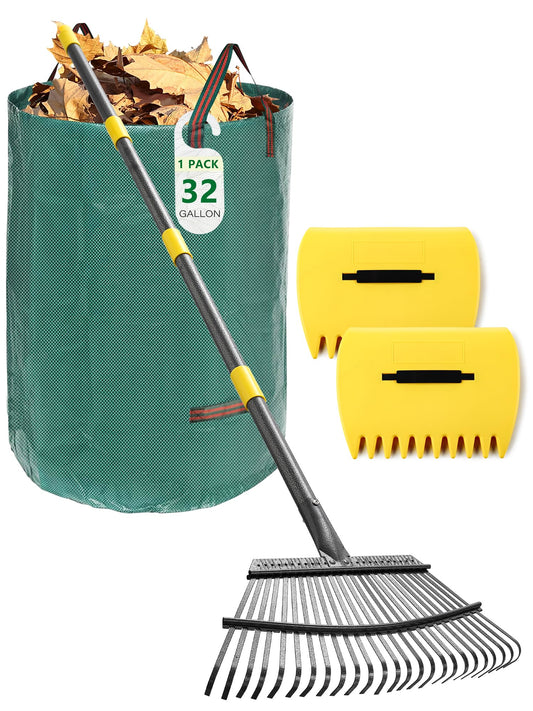 Garden Rake for Leaves Lawns, 3-in-1 Gardening Tools Set with 5 ft Metal Rake, Leaf Scoops Hand Claws, 32 Gallon Reusable Yard Waste Bag, Heavy Duty 25-Tine Rakes for Quick Pick Up, Clear n Collect
