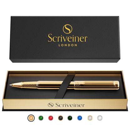 Scriveiner Gold Rollerball Pen - Stunning Luxury Pen, Real Gold Plating, Schmidt Ink Refill, Best Roller Ball Pen Gift Set for Men & Women, Professional, Executive Office, Nice Pens