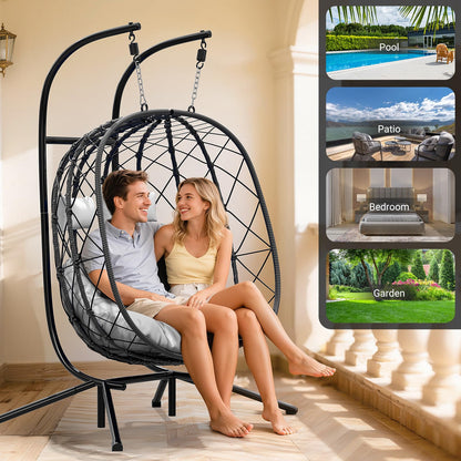 LEVELEVE Double Egg Swing Chair with Stand - 2 Person Outdoor Patio Hanging Wicker Hammock Chair with Cushion, Dark Grey, for Garden, Lawn, Bedroom, Indoor/Outdoor Use