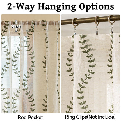 AmHoo 2 Panels Linen Leaf String Floral Embroidered Semi Sheer Curtain Farmhouse Voile Curtains for Living Room Bedroom Window Treatment Sage Green 52 x 63 Inch