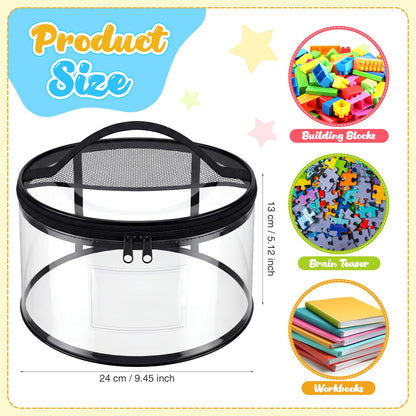 Sunnymove 6 Pcs Round Clear Toy Storage Bag with Handle PVC Cylinder Storage Bags with Label Pocket Waterproof Toys Organizer Bags for Building Blocks Puzzles & Game Pieces Portable Toy Tote