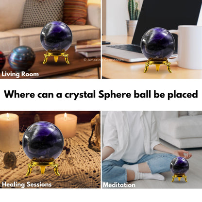Amazing Gemstone Amethyst Chevron Crystal Ball with Stand - 2" Inches Crystal Sphere Meditation Balls for Witchcraft and Decorative Balls