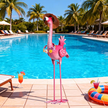 Natelf Flamingo Metal Garden Statue Outdoor Pink Hawaii Flamingo Yard Art Sculpture Decor with Flower Lei & Straw Hat, Waterproof Rust-Proof Lawn Decor for Patio, Poolside, Tropical Party