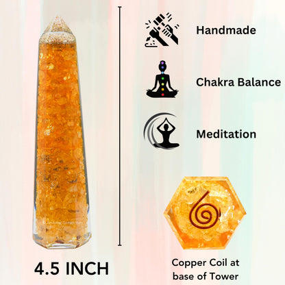 Amazing Gemstone Citrine Orgonite Orgone Crystal Towers - Large 4.5" Orgonite Crystal Wand Obelisk Tower Point for Meditation, Crystals and Healing Stones Gift and Protection