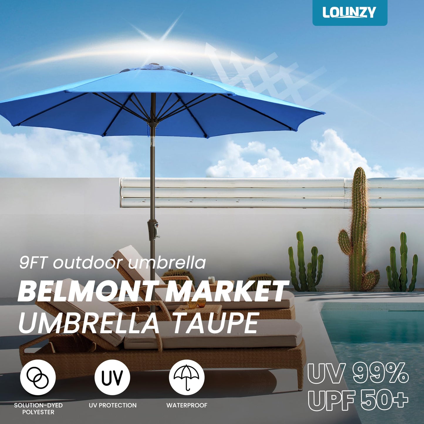 LOUNZY 9FT Large Outdoor Patio Umbrella Table Umbrella-UV Resistant,Easy Push Button Tilt and Crank,8 Sturdy Fiberglass Ribs Pool Umbrella for Patio,Backyard,Deck,Yard,Market,Blue