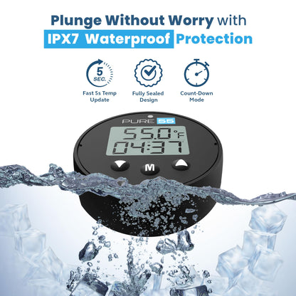 Pure55 PlungeGauge 3-in-1 Cold Plunge Thermometer with Clock & Timer - Ice Bath Water Thermometer with Easy 3-Button Control - Floating Design & IPX7 Waterproof with Audible Beep & LED Indicators