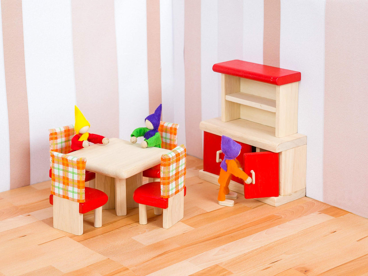 PlanToys® Wooden Dining Room Dollhouse Furniture Set for Kids | Montessori Small World and Pretend Play Learning | Eco Friendly Wooden Dollhouse Dining Set for Imaginative Play