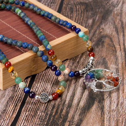 Bivei 108 Mala Beads Bracelet - 7 Chakra Life Tree Real Gemstone Yoga Meditation Mala Prayer Bead Necklace(Azurite Malachite Stone)