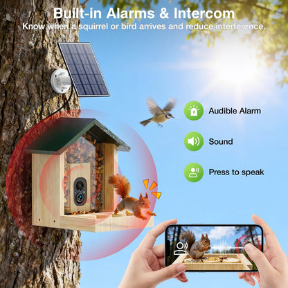 Wooden Squirrel Feeder with Camera, Smart Squirrel Feeder Solar-Powered, Squirrel Houses for Outside, 2K HD+ Video, Cloud Storage, Large Capacity, Ideal for Squirrel Lovers