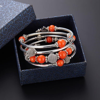 PEARL&CLUB Beaded Chakra Bangle Turquoise Bracelet - Fashion Jewelry Wrap Bracelet with Thick Silver Metal and Mala Beads, Birthday Gifts For Women(Orange)