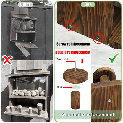Carbonized Squirrel Feeder, Large Squirrel Feeders for Outside Funny Squrrill Nuts Bar, Durable Wooden Chipmunk House Box for Corn Peanuts