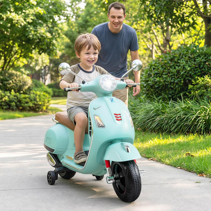 Licensed Vespa Scooter Kids Motorcycle by OLAKIDS, 12V Ride on Electric Motorcycle with Training Wheels LED Lights Music Story Mode Horn (Green)