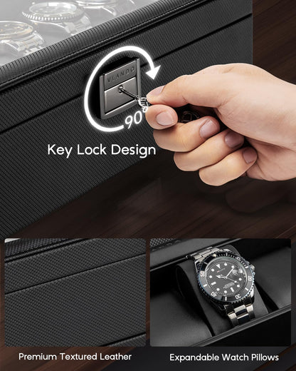 Vlando 6-Slot Watch Case for Men, Watch Box with Glass Lid, Storage for Rings, Keys, Business Textured Leather Organizer Display Case, Soft Pillow, Gifts for Fathers, Dad, Husband - Black