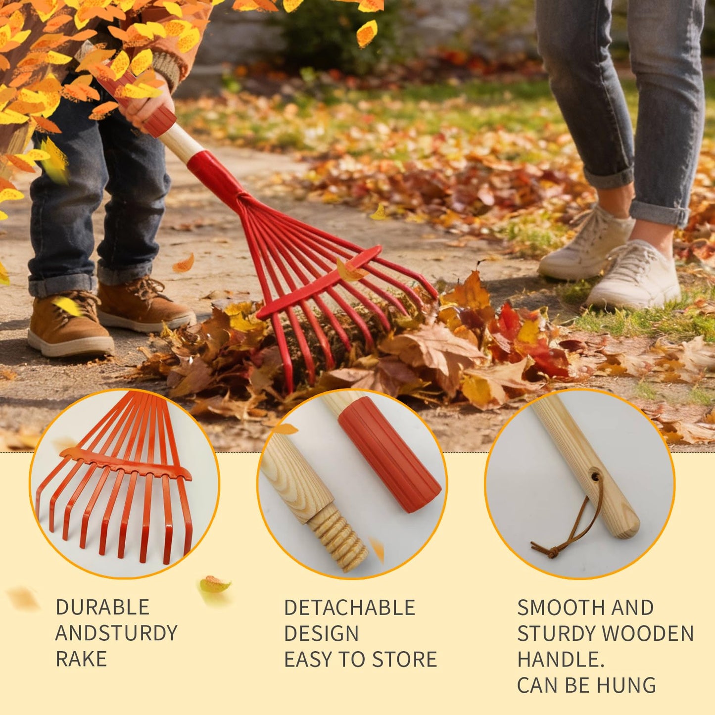 2 Pcs Kids Rake and Shovel Set,28" Toddler Size Metal Snow Shovel & Leaves Rake with Wooden Handle,Real Gardening Tools for Child Age 3 for Little Helpers in Winter Yard Fun
