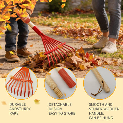 2 Pcs Kids Rake and Shovel Set,28" Toddler Size Metal Snow Shovel & Leaves Rake with Wooden Handle,Real Gardening Tools for Child Age 3 for Little Helpers in Winter Yard Fun