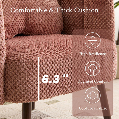Furniliving Pink Vanity Chair, Velvet Accent Chair for Living Room, Shell Chairs with Wooden Legs, Makeup Chair for Bedroom, Armchair Cute Petal Reading Chair with Pillow