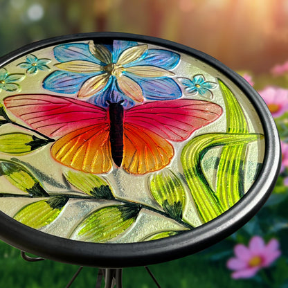 HONGLAND Outdoor Side Table, Small Outdoor Table, 12" Round Patio Side Table End Table, Glass Plant Stand, Small Bistro Coffee Table for Garden Patio Porch Living Room (Butterfly)