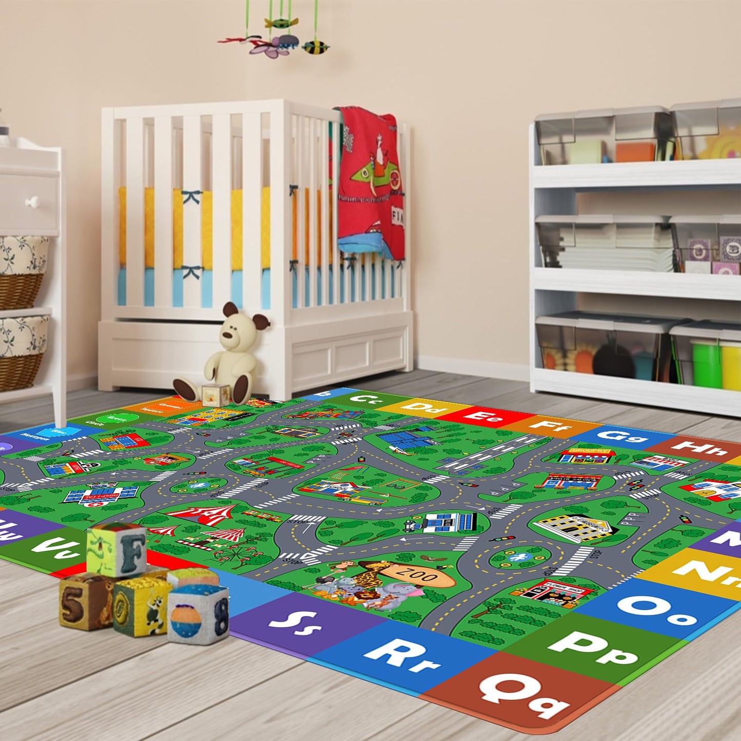 Kids Play Mat, Super Soft Car Track Rug, ABC and Shapes Educational Playmat, Non-Slip City Road Traffic Carpet Nursery Rugs for Playroom Bedroom Boys, Children Play Area Rug