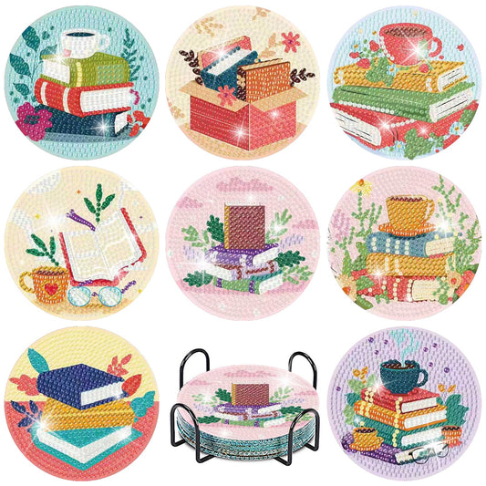 8 Pcs Book Diamond Art Coasters Kit - DIY 5D Diamond Painting Coasters with Holder, Mini Diamonds Arts Kits for Adults Coaster with Cork Pads, Gem Arts Dots Painting Crafts Supplies for Home Decor