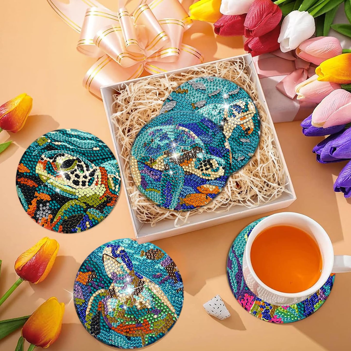 DOTSOPS 8Pack Diamond Art Coaster with Holder 5D Diamond Painting Kits for Adults Round Full Drill BeginnersGem Dots Craft Arts Supplies Party Home Decor Ocean
