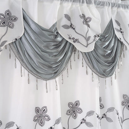 Petrichor Embroidered Sheer Curtain 2 Panels Set - Luxury Window Curtain Attached Valance with Satin Backing and 2 Tie Backs for Living Room,Dining Room, 54x84 inches, Gray