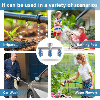 304 Stainless Steel Garden Hose Splitter 3 Way Heavy Duty, Full Flow T Valve Water Hose Splitter With 2.1" Extra Long Handle, Lead-free，3/4" GHT Thread Connector For Outdoor Spigot Faucet